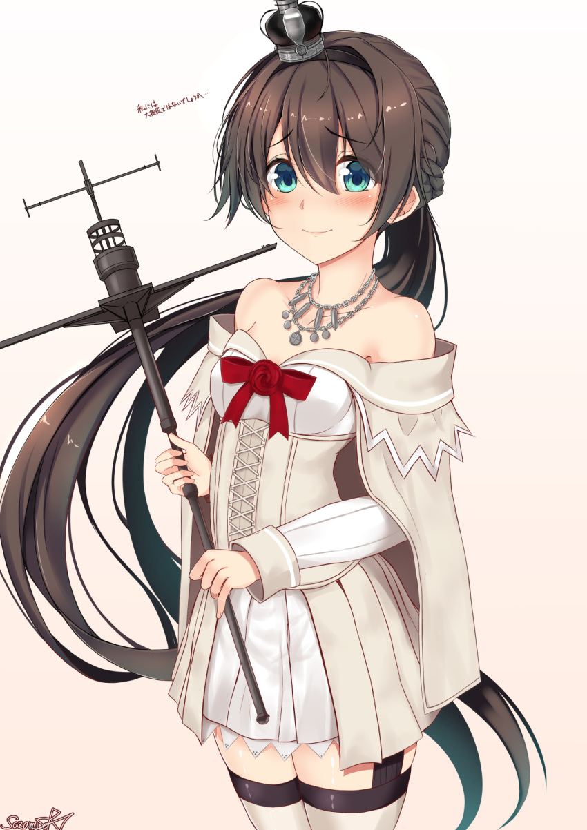 1girl alternate_costume bare_shoulders brown_hair corset cosplay cowboy_shot crown dress flower garter_straps gradient gradient_background green_eyes hairband high_ponytail highres houshou_(kantai_collection) jewelry kantai_collection long_hair long_sleeves looking_at_viewer mini_crown necklace off-shoulder_dress off_shoulder pink_background ponytail red_flower red_ribbon red_rose ribbon rose sazamiso_rx scepter solo standing thigh-highs translation_request warspite_(kantai_collection) warspite_(kantai_collection)_(cosplay) white_dress white_legwear