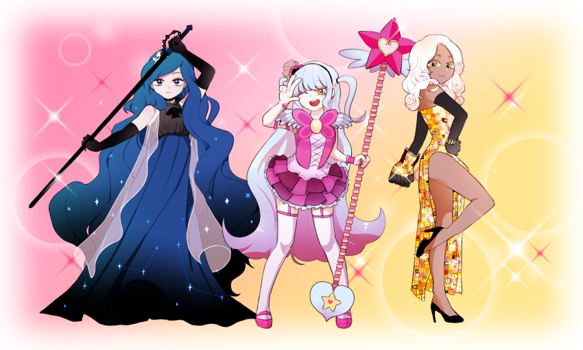 3girls absurdly_long_hair bare_shoulders black_footwear black_gloves blonde_hair blue_dress blue_hair chiru_(equation9) commentary_request constellation_print dark_skin dress elbow_gloves garter_straps gauntlets gloves gradient_hair hair_ornament heart heart_hair_ornament high_heels highres holding holding_staff holding_sword holding_weapon king_of_greed knight_of_despair lobotomy_corporation long_hair looking_at_viewer magical_girl multicolored_hair multiple_girls one_eye_closed one_leg_raised open_mouth pink_background pink_dress pink_hair queen_of_hatred single_gauntlet sleeveless sleeveless_dress smile sparkle_background staff star sword thigh-highs tiara very_long_hair w weapon white_hair yellow_background yellow_dress