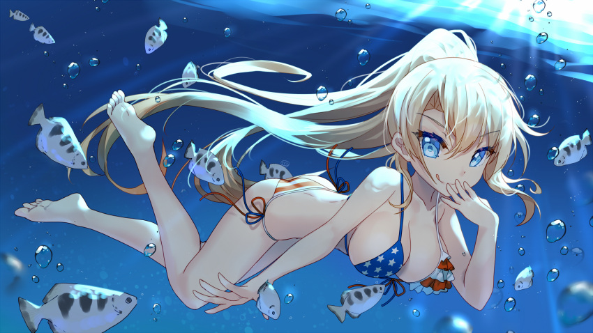 1girl :q air_bubble american_flag_bikini animal archerfish_(zhan_jian_shao_nyu) bangs bare_arms bare_legs bare_shoulders barefoot bikini bison_cangshu blonde_hair blue_eyes breasts bubble cleavage closed_mouth collarbone day eyebrows_visible_through_hair fish fish_request flag_print front-tie_bikini front-tie_top hair_between_eyes hand_to_own_mouth hand_up high_ponytail highres long_hair looking_at_viewer medium_breasts outdoors ponytail side-tie_bikini smile soles solo sunlight swimsuit tongue tongue_out underwater very_long_hair water zhan_jian_shao_nyu