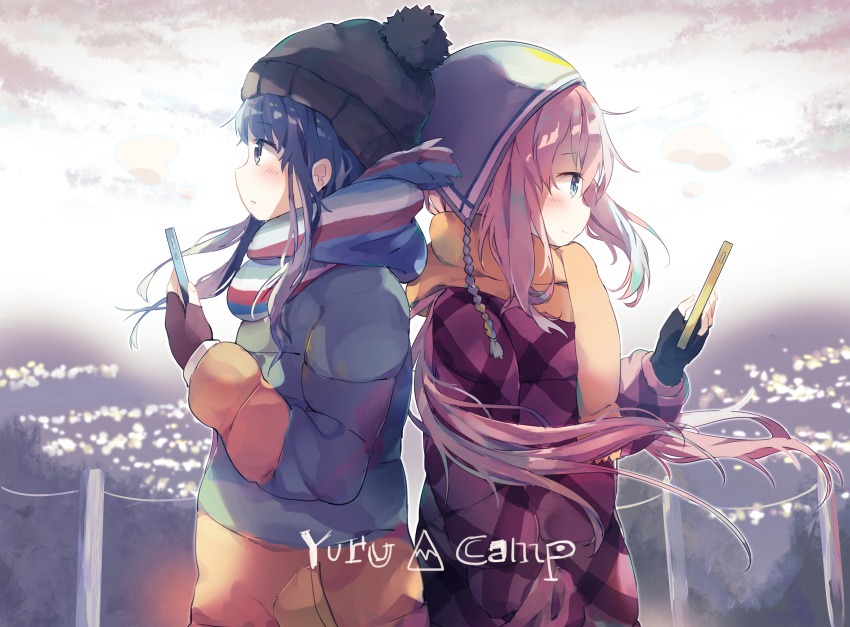 2girls absurdres back-to-back bangs beanie black_gloves black_hat blue_eyes blue_hat cellphone coat commentary_request copyright_name fingerless_gloves gloves hand_in_pocket hat highres holding holding_phone kagamihara_nadeshiko long_hair long_sleeves multiple_girls outdoors phone pink_coat pink_hair scarf shima_rin smartphone soranagi_yuki striped striped_scarf violet_eyes winter_clothes yellow_scarf yurucamp