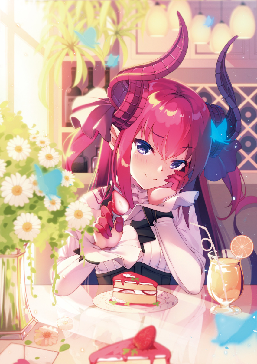 1girl absurdres bangs bendy_straw blurry blurry_foreground blush bottle bug butterfly cake ceiling_light closed_mouth commentary_request corset crossed_bangs cup curled_horns day depth_of_field dragon_girl dragon_horns drinking_glass drinking_straw elizabeth_bathory_(fate) elizabeth_bathory_(fate)_(all) eyebrows_visible_through_hair fate/extra fate/extra_ccc fate_(series) flower food fork fruit hair_between_eyes hair_ribbon head_rest head_tilt highres holding holding_fork horns indoors insect light_particles long_hair long_sleeves looking_at_viewer natsu97 orange orange_slice pink_hair plate pointy_ears purple_ribbon raised_eyebrow reflection ribbon shiny shiny_hair shirt sidelocks smile smug solo strawberry sunlight table tail two_side_up vase violet_eyes white_flower white_shirt window wine_bottle