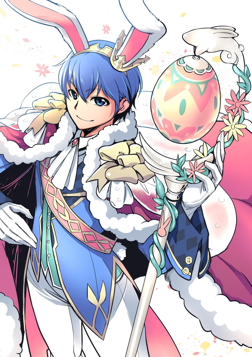 1boy animal_ears blue_eyes blue_hair cape egg fire_emblem fire_emblem:_mystery_of_the_emblem fire_emblem_heroes gloves highres looking_at_viewer male_focus marth nakabayashi_zun rabbit_ears short_hair simple_background smile solo tiara weapon
