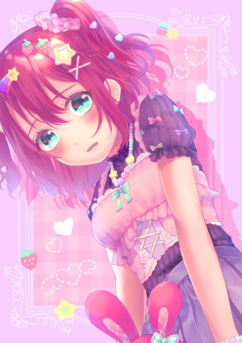 1girl absurdres animal_ears aqua_eyes bangs bead_bracelet bead_necklace beads blush bow bracelet cross-laced_clothes dress drop_shadow food_themed_hair_ornament frame frilled_shirt_collar frilled_sleeves frills hair_bow hair_ornament heart heart_hair_ornament hexagram highres jewelry kisaki_minami kurosawa_ruby looking_at_viewer love_live! love_live!_sunshine!! necklace parted_lips pink_bow pink_scrunchie rabbit_ears redhead solo star star_hair_ornament strawberry_hair_ornament twitter_username two_side_up upper_body x_hair_ornament