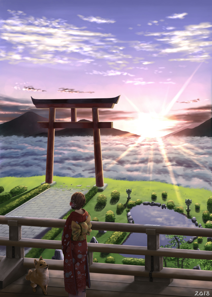1girl 2018 absurdres brown_hair chinese_zodiac clouds dog highres japanese_clothes kimono looking_away onita original outdoors pond railing scenery short_hair sky sunset torii year_of_the_dog