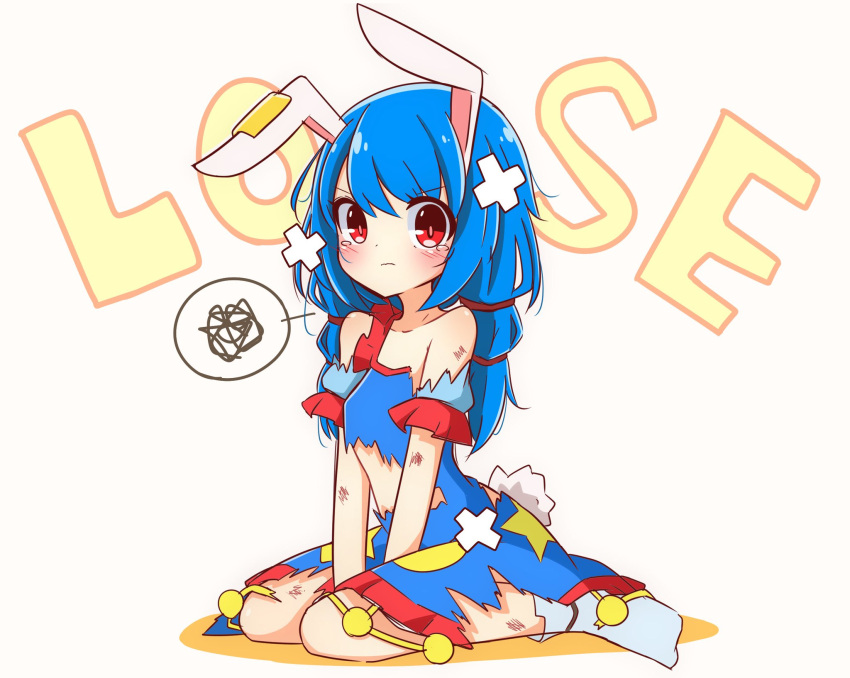 1girl animal_ears bangs bare_shoulders between_legs blue_hair blush bruise bunny_tail closed_mouth commentary_request crossed_bandaids dress eyebrows_visible_through_hair full_body hand_between_legs highres injury inon looking_at_viewer rabbit_ears red_eyes seiran_(touhou) short_sleeves sitting socks solo spoken_squiggle squiggle tail tears torn_clothes torn_dress touhou v-shaped_eyebrows wariza white_background white_legwear