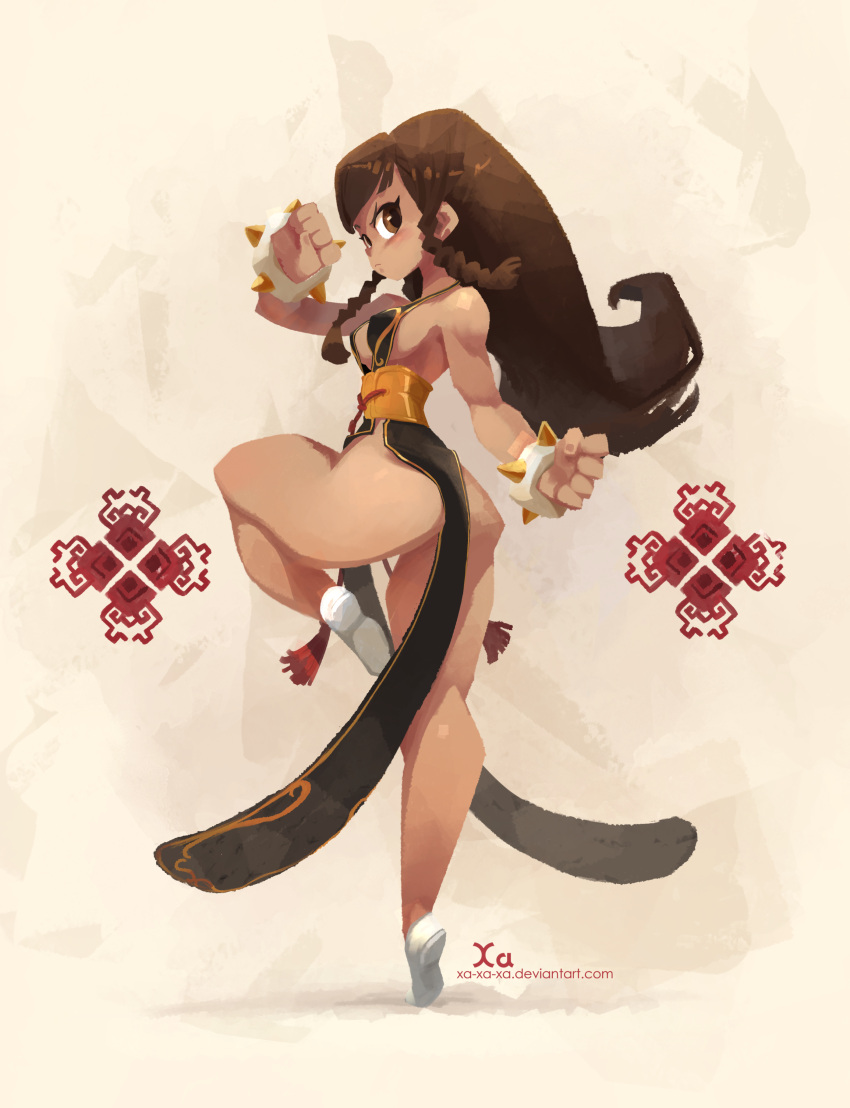 1girl absurdres alternate_costume alternate_hairstyle artist_name bracelet braid brown_eyes brown_hair china_dress chinese_clothes chun-li clenched_hands deviantart_username dress fighting_stance highres jewelry leg_up looking_at_viewer solo spiked_bracelet spikes street_fighter street_fighter_v tiptoes toned twin_braids watermark web_address xavier_houssin