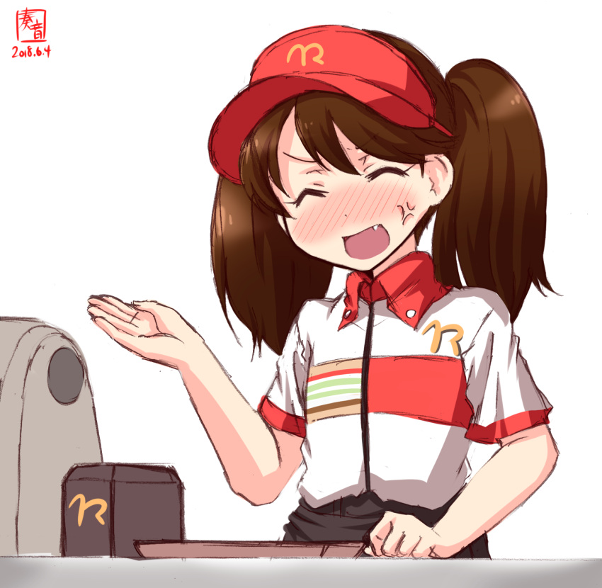 1girl alternate_costume anger_vein artist_logo blush brown_hair cash_register closed_eyes commentary_request dated employee_uniform fang hat highres kanon_(kurogane_knights) kantai_collection logo_parody long_hair mcdonald's multicolored_shirt nose_blush open_mouth open_palm red_hat ryuujou_(kantai_collection) simple_background smile solo tray twintails uniform visor_cap white_background