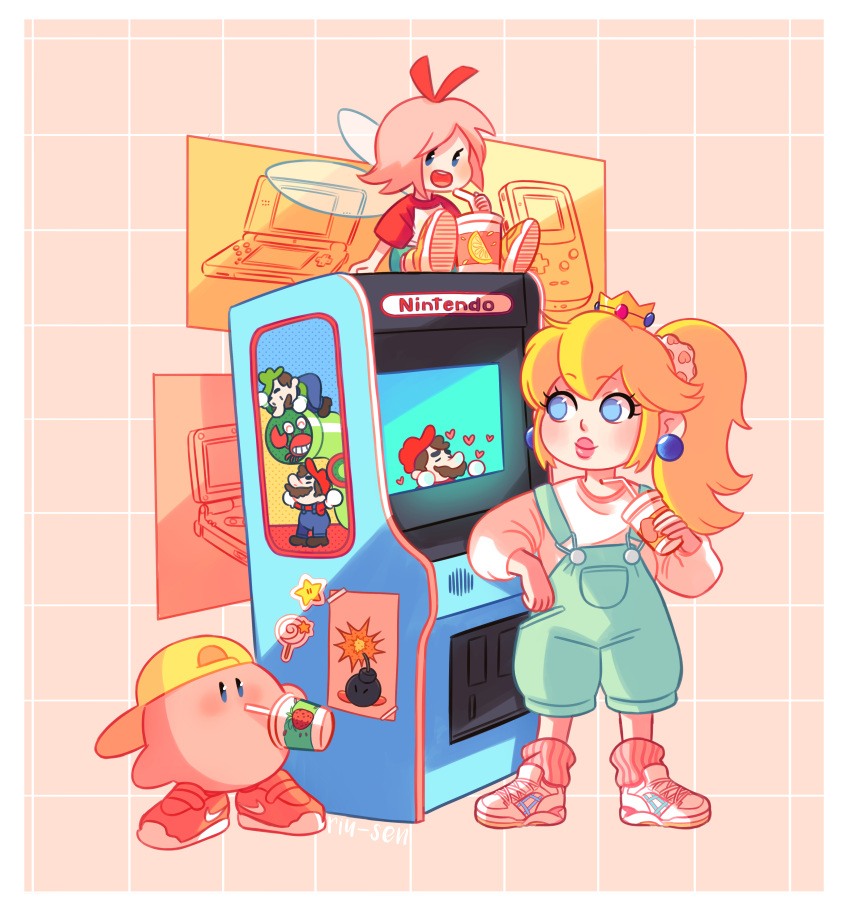 1boy 2girls absurdres alternate_costume arcade_cabinet arm_rest baseball_cap blonde_hair blue_eyes bob-omb bomb casual character_request closed_eyes closed_mouth company_name contemporary crown cup drinking drinking_straw eyebrows_visible_through_hair facial_hair fairy_wings full_body game_boy game_boy_advance_sp hand_up handheld_game_console hat heart highres holding holding_cup hoshi_no_kirby kirby kirby_(series) long_sleeves looking_at_another luigi mario super_mario_bros. multiple_girls mustache nintendo nintendo_ds overalls pink_hair ponytail poster_(object) princess_peach ribbon_(kirby) riu-sen shoes shorts sitting smile sneakers standing sweater wings