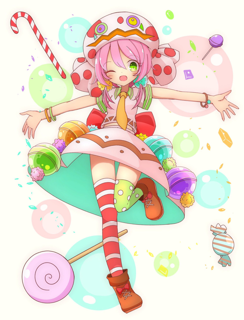 1girl bangs blush bow brown_footwear candy candy_cane commentary_request eyebrows_visible_through_hair food full_body green_eyes hat highres inon lollipop looking_at_viewer mismatched_legwear necktie one_eye_closed open_mouth original orignal outstretched_arms pink_hair red_bow shoe_bow shoes short_sleeves skirt smile solo standing standing_on_one_leg swirl_lollipop thigh-highs twintails yellow_neckwear