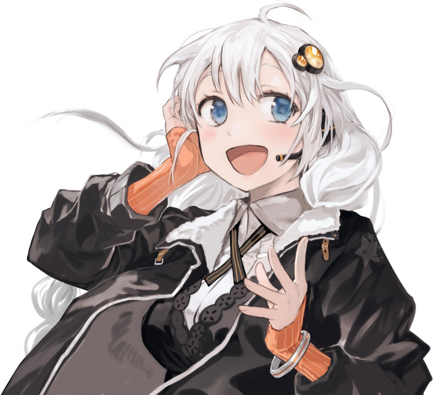 1girl :d absurdres black_dress black_jacket blue_eyes bob_(biyonbiyon) bracelet braid breasts cleavage commentary_request dress eyes grey_hair hair_ornament hand_up headphones highres jacket jewelry kizuna_akari large_breasts long_hair long_sleeves microphone open_clothes open_jacket open_mouth simple_background sleeves_past_wrists smile solo upper_body vocaloid white_background