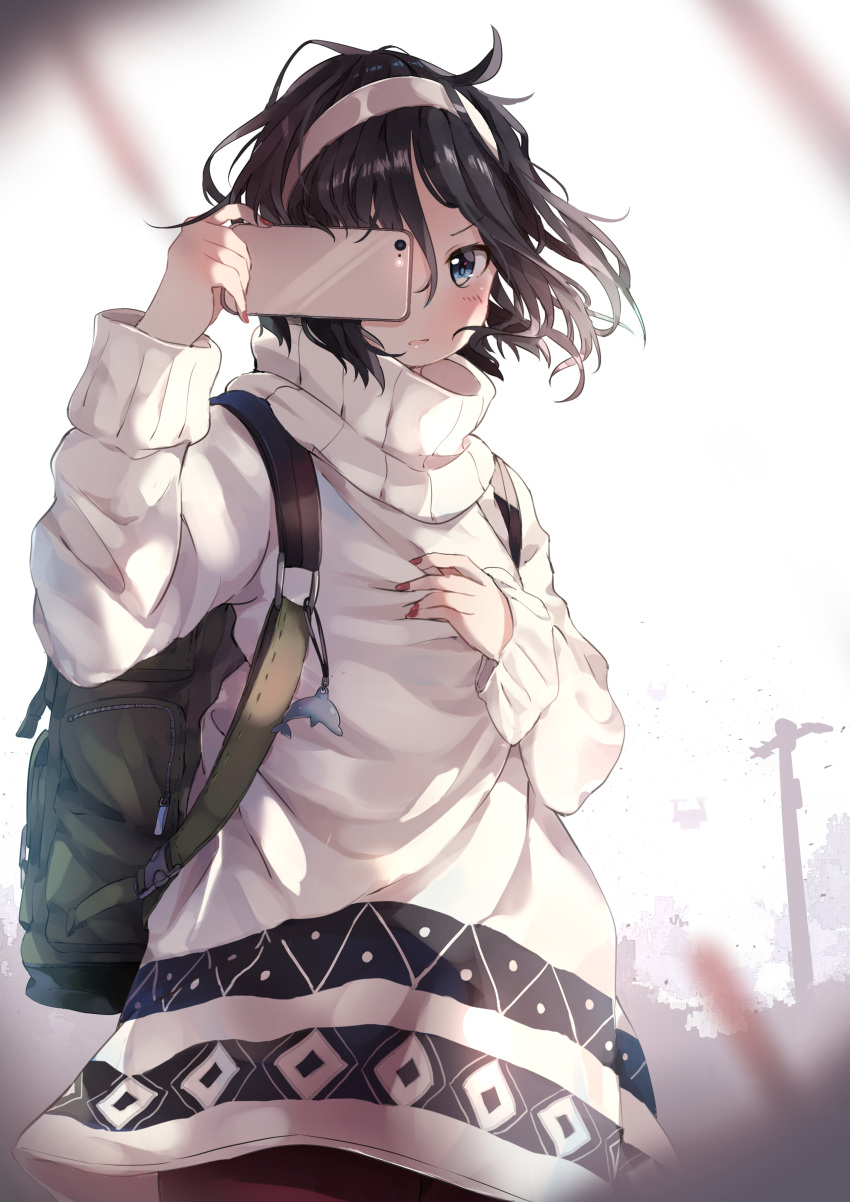 1girl absurdres backpack bag bag_charm blush cellphone cellphone_camera charm_(object) commentary_request hairband hand_on_own_chest hand_up highres holding holding_cellphone holding_phone long_sleeves looking_at_viewer one_eye_covered original phone red_eyes smartphone smartphone_case solo soranagi_yuki sweater taking_picture telephone_pole turtleneck turtleneck_sweater white_sweater