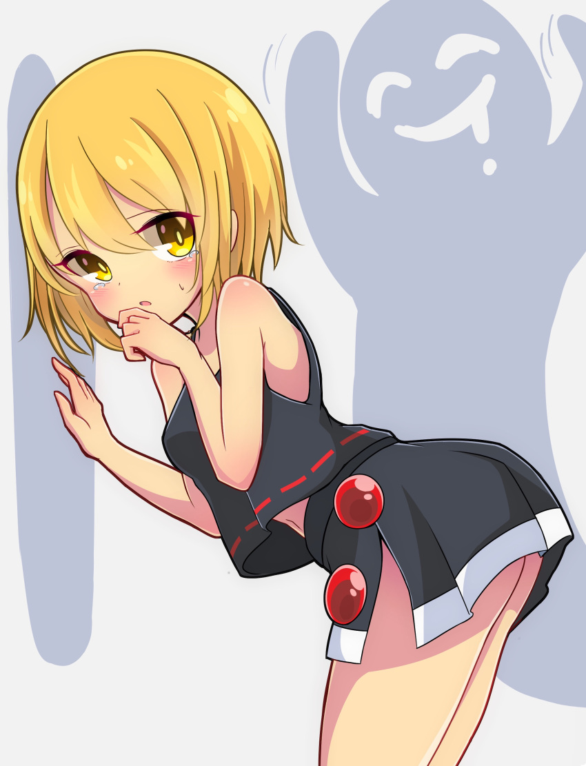 1girl :o absurdres arm_support ass bent_over black_skirt black_vest blonde_hair blush breasts commentary_request cowboy_shot drooling eyebrows_visible_through_hair eyes_visible_through_hair from_side grey_background hand_on_own_face hand_on_wall highres inon looking_at_viewer lunasa_prismriver medium_breasts midriff_peek miniskirt navel no_bra no_hat no_headwear no_shirt rape_face shadow short_hair side_slit silhouette simple_background skirt solo standing sweat tears touhou vest yellow_eyes