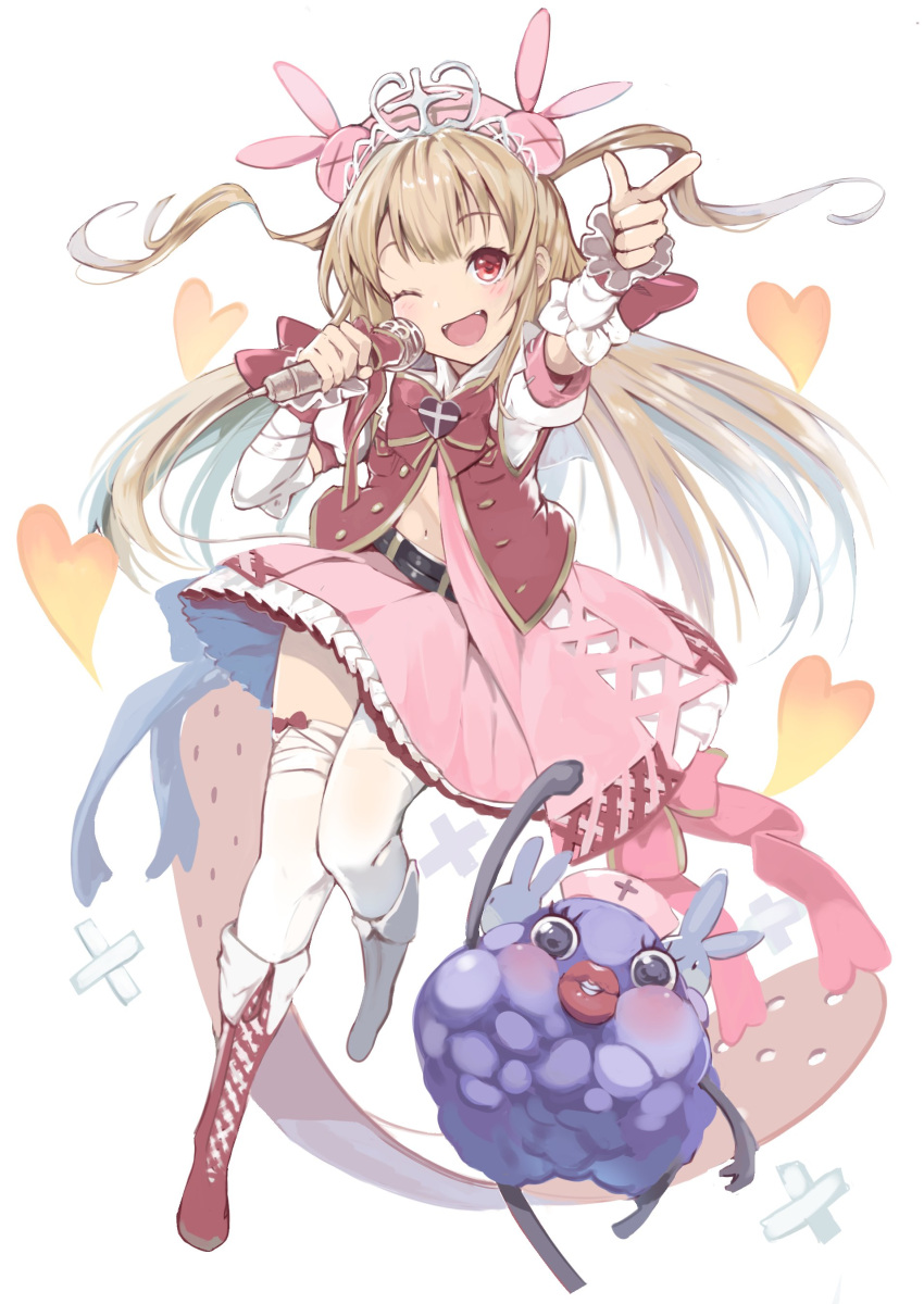 1girl absurdres bangs blush boots bow bowtie bunny_hair_ornament collared_shirt commentary fang granblue_fantasy_(style) hair_ornament hat heart highres holding holding_microphone jacket light_brown_hair long_hair microphone natori_sana navel nurse_cap open_mouth p_answer pink_skirt pointing puffy_short_sleeves puffy_sleeves red_bow red_eyes red_vest saana-kun sana_channel shirt short_sleeves skirt smile thigh-highs thighs two_side_up vest virtual_youtuber white_legwear zettai_ryouiki
