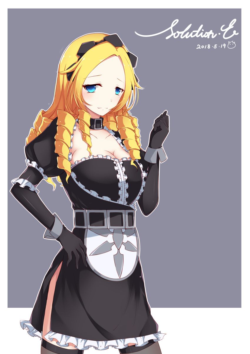 1girl 2018 absurdres belt_buckle belt_collar black_dress black_gloves black_legwear blonde_hair blue_eyes breasts buckle character_name cleavage closed_mouth collarbone cowboy_shot dated dress drill_hair elbow_gloves eyebrows_visible_through_hair eyelashes frilled_dress frills furrowed_eyebrows gloves hand_on_hip hand_up highres large_breasts legs_apart maid maid_headdress outline overlord_(maruyama) poinia puffy_sleeves side_slit smile solo solution_epsilon standing thigh-highs white_outline wrist_cuffs zettai_ryouiki