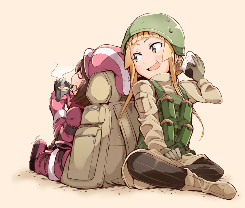 2girls bandanna bibi blonde_hair brown_hair brown_legwear commentary cup eating food fukaziroh_(sao) gloves helmet highres hot_chocolate kevlar_vest legs_crossed llenn_(sao) long_hair long_sleeves looking_back military military_uniform mug multiple_girls onigiri pantyhose pink_footwear short_hair shorts simple_background sitting smile sword_art_online sword_art_online_alternative:_gun_gale_online tagme uniform yellow_eyes