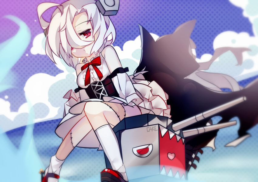2girls artist_name azur_lane bangs black_cape black_skirt bolt bow breasts cake_(isiofb) cannon cape center_frills closed_mouth clouds commentary_request day detached_sleeves erebus_(azur_lane) eyebrows_visible_through_hair frills hair_over_one_eye heart heart_in_mouth high-waist_skirt highres hood hood_up hooded_cape kneehighs long_hair long_sleeves looking_at_viewer medium_breasts multiple_girls outdoors polka_dot polka_dot_background purple_background red_bow red_eyes red_footwear sharp_teeth shirt shoes sitting skirt sleeveless sleeveless_shirt sleeves_past_fingers sleeves_past_wrists stitches teeth terror_(azur_lane) very_long_hair white_hair white_legwear white_shirt wide_sleeves