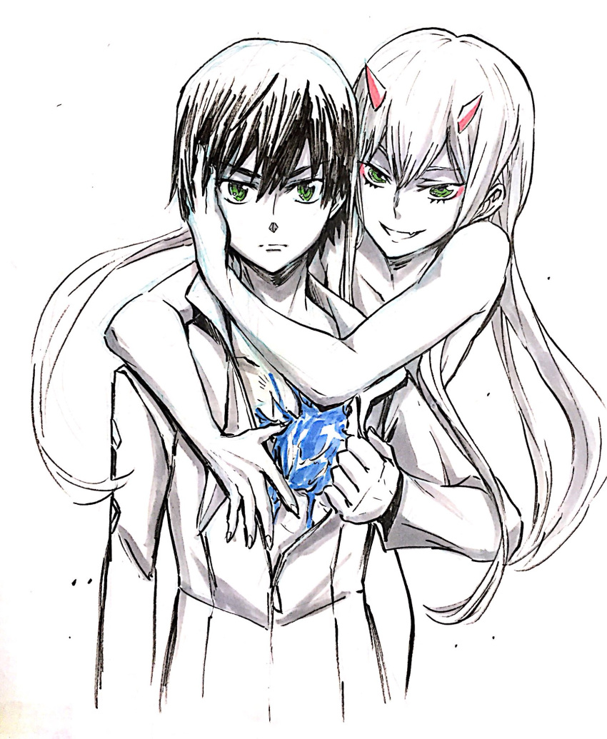 1boy 1girl bangs black_hair chest_scar commentary couple darling_in_the_franxx fang green_eyes hand_on_another's_chest hand_on_another's_face hetero highres hijodelagua hiro_(darling_in_the_franxx) horns hug hug_from_behind long_hair long_sleeves looking_at_viewer military military_uniform monochrome necktie oni_horns open_clothes pink_hair red_horns scar short_hair uniform zero_two_(darling_in_the_franxx)