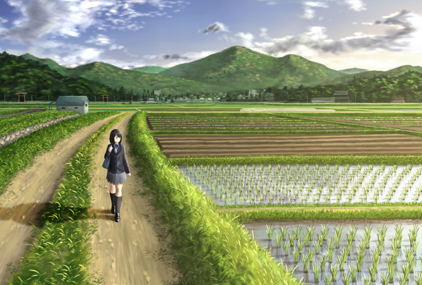 1girl absurdres bag black_eyes black_hair black_legwear closed_mouth duffel_bag farm grey_skirt highres kneehighs long_sleeves looking_away mountain onita original outdoors scenery short_hair skirt sky smile solo torii