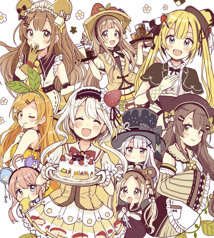 6+girls :d :o ;q ^_^ ahoge animal_ears animal_hat bangs bare_shoulders bear_ears bear_hat bendy_straw black_bow black_capelet black_hat blonde_hair blue_eyes blush bow brown_eyes brown_gloves brown_hair brown_skirt brown_vest cake capelet cat_ears cat_hat child closed_eyes closed_mouth commentary_request cup detached_sleeves dress drink drinking_glass drinking_straw eyebrows_visible_through_hair facing_viewer finger_to_mouth flower food food_themed_clothes food_themed_hair_ornament fur-trimmed_gloves fur_trim gloves green_eyes grey_eyes hair_between_eyes hair_bow hair_ornament hands_on_another's_head hat hat_bow heterochromia highres holding holding_sack holding_tray index_finger_raised leaf_hair_ornament long_hair long_sleeves looking_at_viewer looking_to_the_side maid_headdress mini_hat multiple_girls one_eye_closed open_mouth orange_dress orange_eyes orange_hair original pleated_skirt puffy_short_sleeves puffy_sleeves ribbon sack sakura_oriko shirt short_sleeves silver_hair simple_background skirt sleeveless sleeveless_dress sleeves_past_fingers sleeves_past_wrists smile strawberry_hair_ornament tongue tongue_out top_hat tray very_long_hair vest white_background white_flower white_hat white_ribbon white_shirt wide_sleeves x_hair_ornament