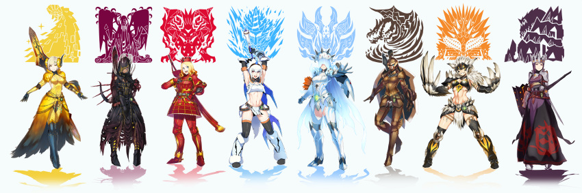 6+girls absurdres armor armored_dress claws crown emblem highres hood horns kirin_(armor) kulve_taroth_(armor) kushala_daora_(armor) lance long_hair long_skirt looking_at_viewer midriff monster_hunter monster_hunter:_world multiple_girls navel nergigante_(armor) pelvic_curtain polearm purinnssu silver_hair simple_background skirt smile stomach sword teostra_(armor) toned vaal_hazak_(armor) weapon xeno'jiiva_(armor) zorah_magdaros_(armor)