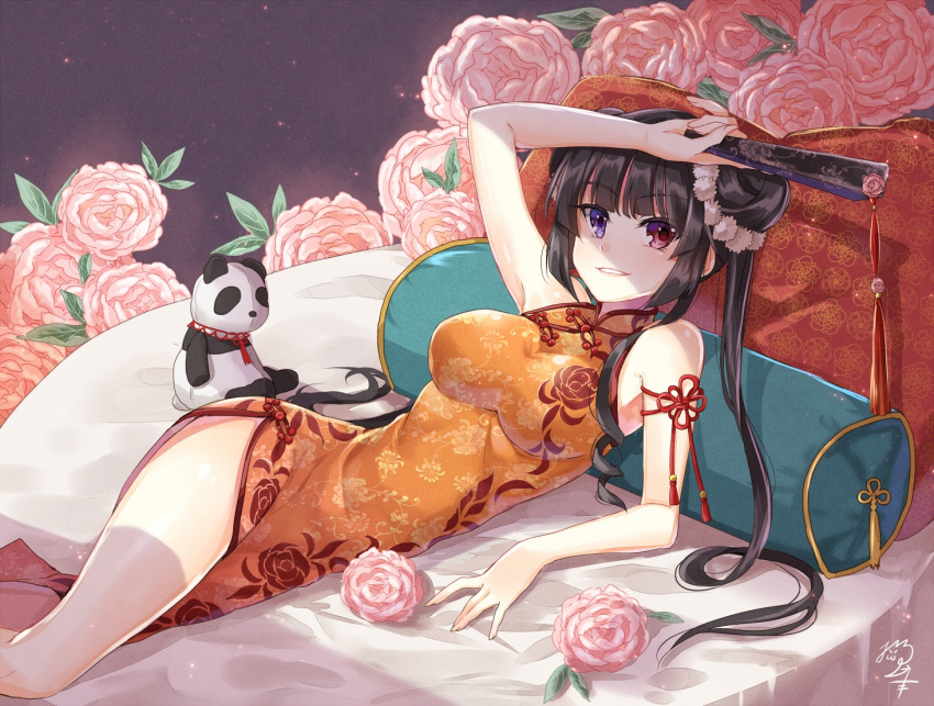 1girl arm_up bangs black_hair blue_eyes breasts china_dress chinese_clothes commentary_request cushion double_bun dress eyebrows_visible_through_hair fan flower flower_knot folding_fan grin hand_on_forehead heterochromia holding holding_fan large_breasts long_hair looking_at_viewer lying nekozuki_yuki on_bed orange_dress original pink_flower pink_rose rose side_slit sidelocks signature sleeveless sleeveless_dress smile solo stuffed_animal stuffed_panda stuffed_toy twintails violet_eyes