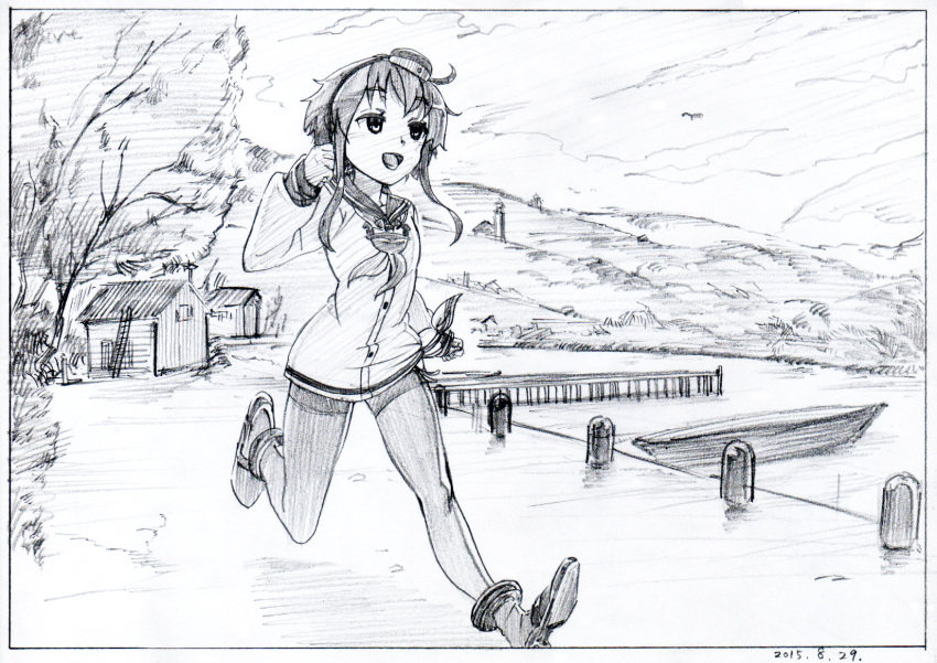 1girl :d anchor black_border boat boots border colored_pencil_(medium) dated dress graphite_(medium) greyscale hat highres kantai_collection ladder long_sleeves monochrome neckerchief open_mouth outdoors pantyhose pier pink_x running sailor_collar sailor_dress short_hair sidelocks smile solo tokitsukaze_(kantai_collection) touhou traditional_media tree watercraft