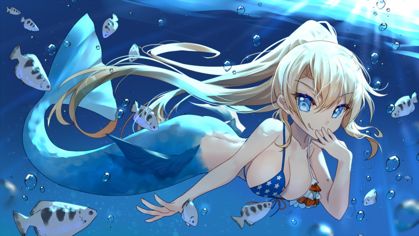 1girl :q air_bubble american_flag_bikini animal archerfish_(zhan_jian_shao_nyu) bangs bare_arms bare_shoulders bikini bikini_top bison_cangshu blonde_hair blue_eyes breasts bubble cleavage closed_mouth collarbone commentary_request day eyebrows_visible_through_hair fish fish_request flag_print front-tie_bikini front-tie_top hair_between_eyes hand_to_own_mouth hand_up high_ponytail highres long_hair looking_at_viewer medium_breasts mermaid monster_girl outdoors ponytail smile solo sunlight swimsuit tongue tongue_out underwater very_long_hair water zhan_jian_shao_nyu