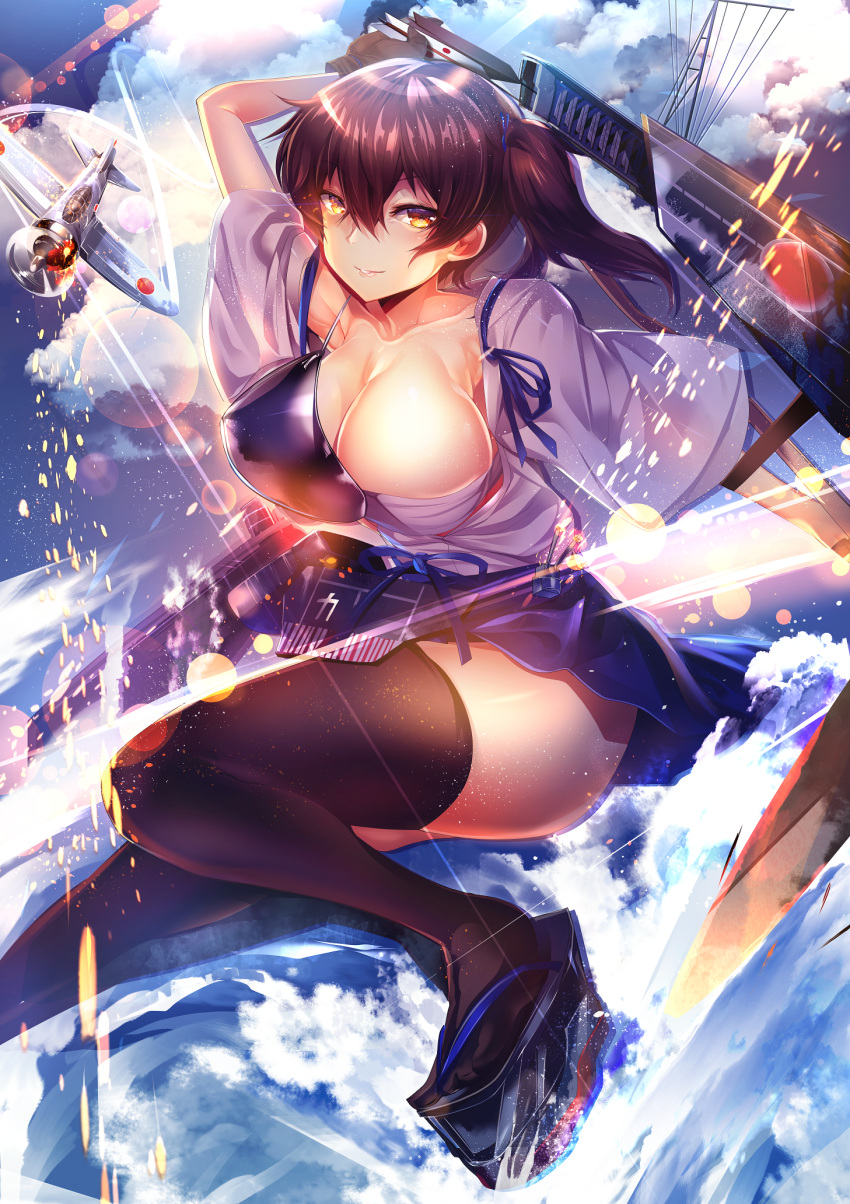 1girl aircraft airplane arm_up arrow bangs black_footwear black_legwear blue_ribbon blue_skirt blue_sky breasts brown_eyes brown_gloves brown_hair cleavage closed_mouth clouds collarbone commentary_request day eyebrows_visible_through_hair fire flight_deck gloves hair_between_eyes highres holding_arrow japanese_clothes kaga_(kantai_collection) kantai_collection kimono large_breasts light_smile looking_at_viewer muneate outdoors platform_footwear pleated_skirt quiver ribbon short_kimono short_sleeves side_ponytail sidelocks silly_(marinkomoe) skirt sky solo thigh-highs water white_kimono wide_sleeves zouri