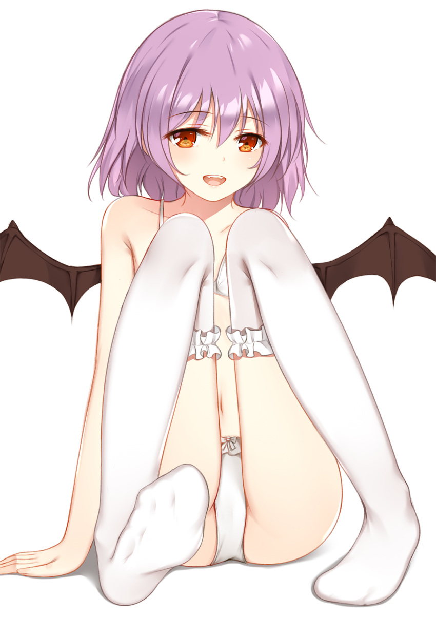 1girl ass bare_arms bare_shoulders bat_wings black_wings bow bow_panties bra collarbone commentary_request eyebrows_visible_through_hair fang flan_(seeyouflan) full_body hair_between_eyes highres ke-ta_(style) knees_up lavender_hair leg_garter looking_at_viewer navel no_hat no_headwear no_shoes open_mouth panties red_eyes remilia_scarlet short_hair simple_background sitting smile soles solo stomach thigh-highs touhou underwear underwear_only white_background white_bow white_bra white_legwear white_panties wings