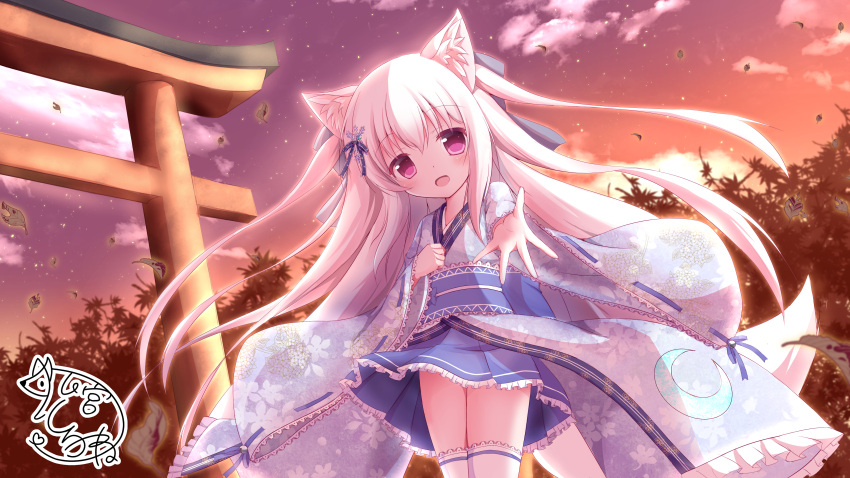 1girl :d absurdres animal_ears bangs blue_bow blue_kimono blue_skirt bow clouds commentary_request crescent eyebrows_visible_through_hair floral_print fox_ears fox_girl fox_tail hair_between_eyes hair_bow hand_up head_tilt highres japanese_clothes kimono komiya_shirone leaf long_hair looking_at_viewer obi open_mouth original outdoors outstretched_arm pleated_skirt print_kimono sash signature silver_hair skirt sky smile solo star_(sky) starry_sky tail thigh-highs torii two_side_up very_long_hair violet_eyes white_legwear