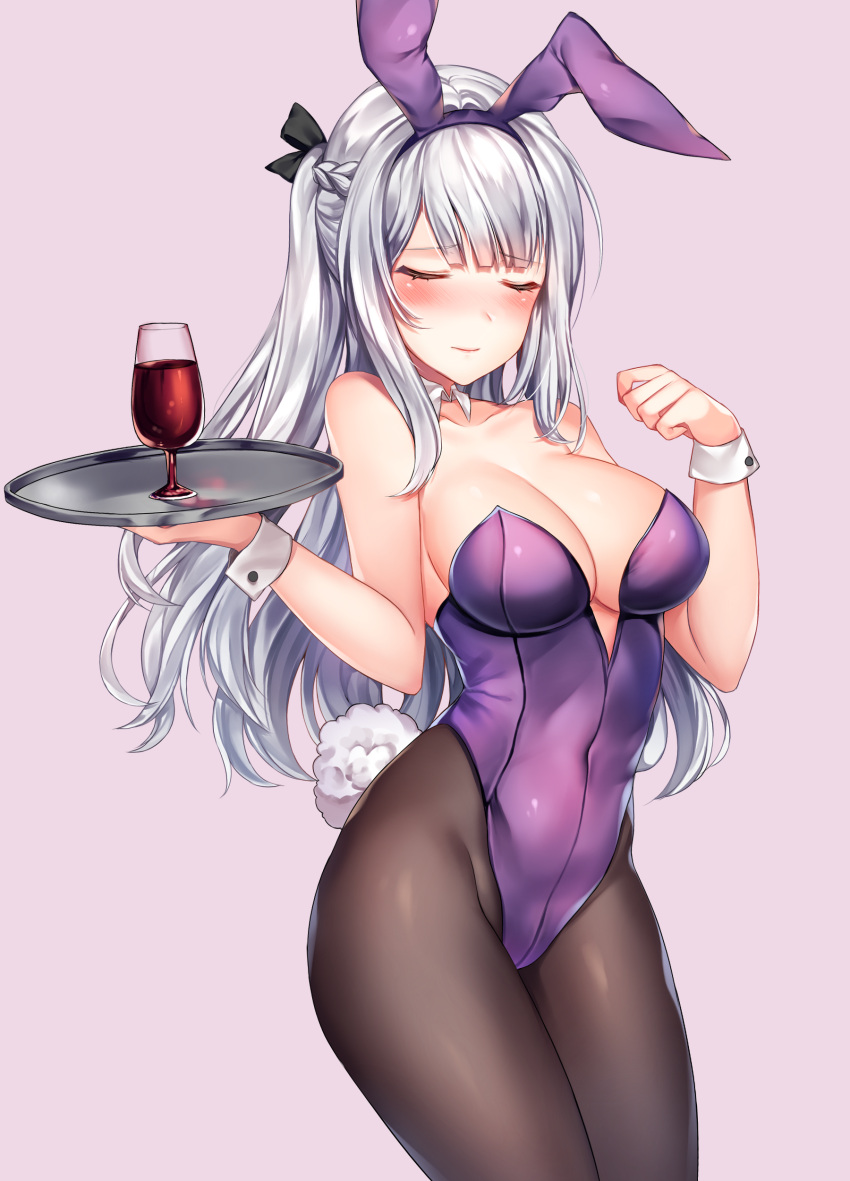 1girl absurdres ak-12_(girls_frontline) animal_ears bare_shoulders black_legwear blush braid breasts bunny_girl bunny_tail bunnysuit cleavage closed_eyes covered_navel cowboy_shot cup detached_collar drinking_glass embarrassed eyebrows_visible_through_hair fake_animal_ears girls_frontline hair_ribbon hairband highleg highleg_leotard highres large_breasts leotard long_hair one_side_up painteen pantyhose purple_background rabbit_ears ribbon sidelocks silver_hair simple_background solo tail tray wine_glass wrist_cuffs