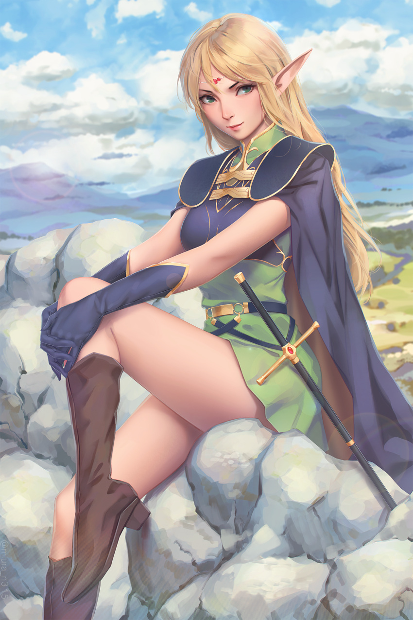 1girl blonde_hair blue_sky boots cape circlet clouds day deedlit elf gloves green_eyes high_heel_boots high_heels highres lips long_hair looking_at_another miura-n315 outdoors pointy_ears record_of_lodoss_war sitting sky smile solo sword weapon