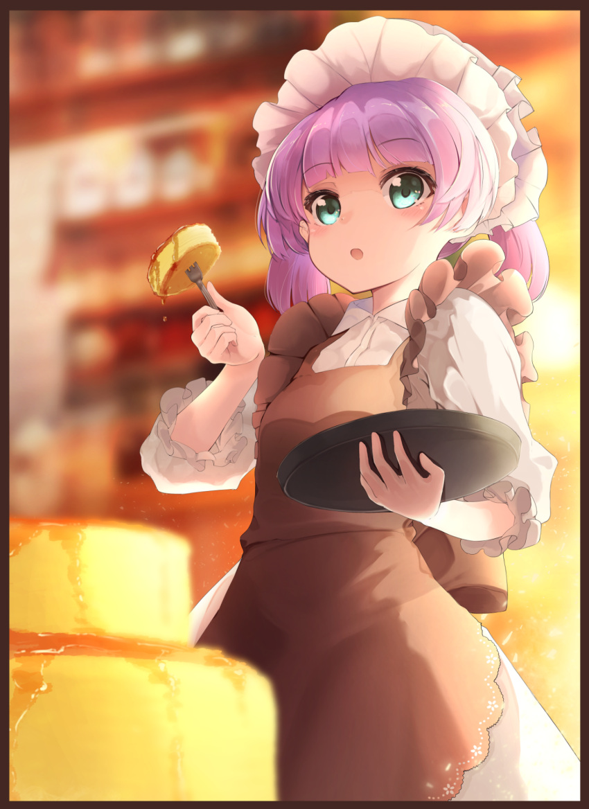 1girl :o alternate_costume apron bangs blurry blurry_background blush brown_apron commentary_request date_(mamanonamaebot) depth_of_field dress enmaided eyebrows_visible_through_hair food fork green_eyes highres holding holding_fork holding_tray long_hair looking_at_viewer low_twintails maid maid_apron maid_headdress mochi_hiyoko mochi_hiyoko_(character) open_mouth puffy_short_sleeves puffy_sleeves purple_hair short_sleeves short_twintails sidelocks solo syrup tray twintails white_dress