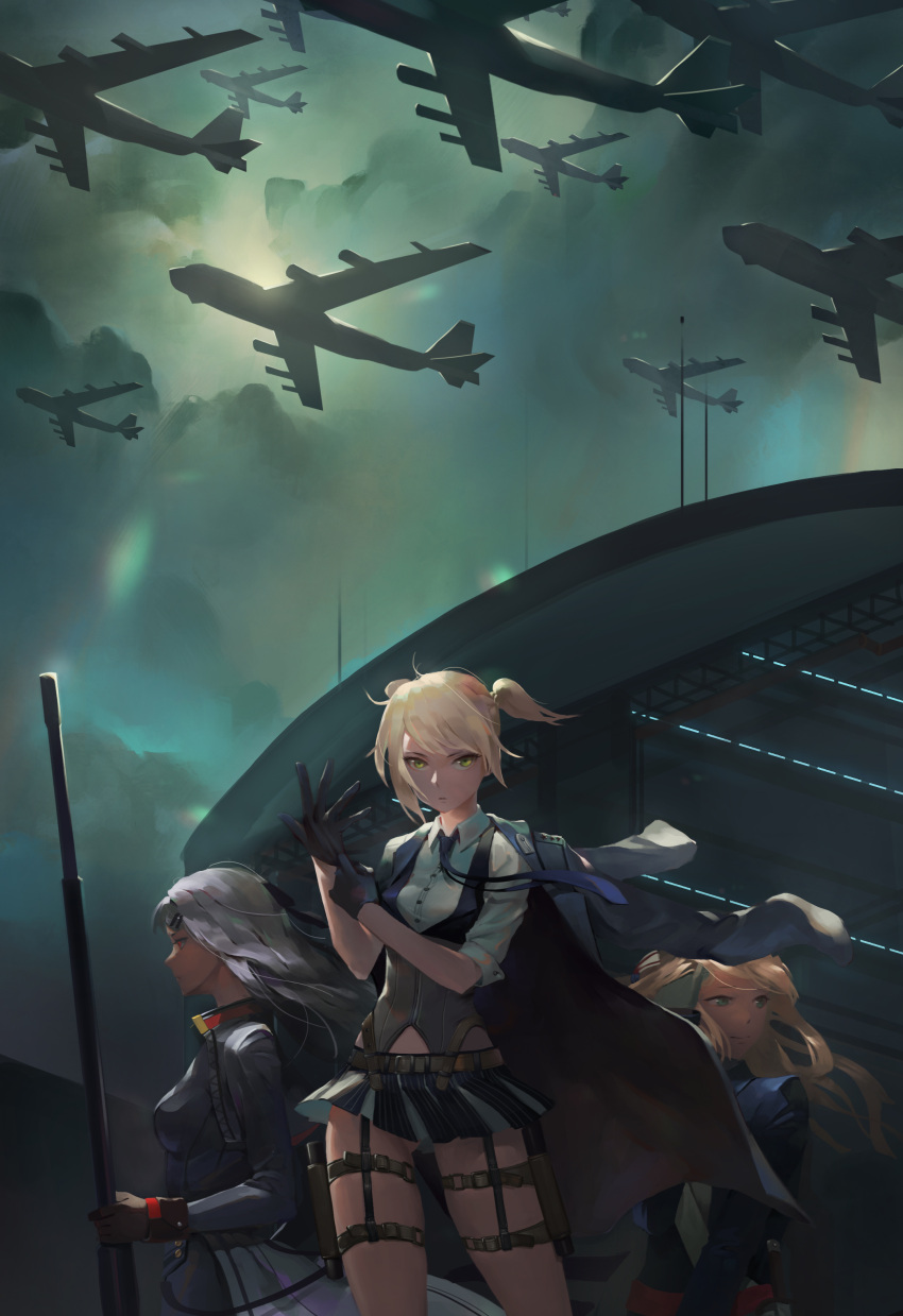 3girls absurdres aircraft airplane ammunition_pouch anti-materiel_rifle bangs belt black_bow black_gloves black_neckwear black_skirt blonde_hair blue_jacket blue_ribbon blush bow braid breasts brown_hair building buttons closed_mouth clouds cloudy_sky collared_jacket collared_shirt corset elbow_sleeve expressionless eyebrows_visible_through_hair floating_hair garter_straps girls_frontline gloves green_eyes gun hair_between_eyes hair_bun hair_ornament hair_ribbon hairclip half_gloves hand_in_hair handgun hangar head_tilt highres holding holding_gun holding_weapon holster iws-2000_(girls_frontline) jacket jayjiwoo_park kneehighs large_breasts long_hair looking_afar looking_at_viewer m1903_springfield_(girls_frontline) mameluke_sword medal medium_breasts military military_uniform multiple_girls necktie open_mouth parted_lips pistol pleated_skirt pouch red_eyes ribbon rifle shirt short_hair short_twintails sidelocks silver_hair skindentation skirt sky sleeve_cuffs smile sniper_rifle socks solo steyr_iws_2000 striped_vest sword thigh_holster thigh_strap thighs twintails uniform vest weapon welrod_mk2 welrod_mk2_(girls_frontline) white_bow white_gloves white_jacket white_shirt white_skirt white_uniform wind wind_lift