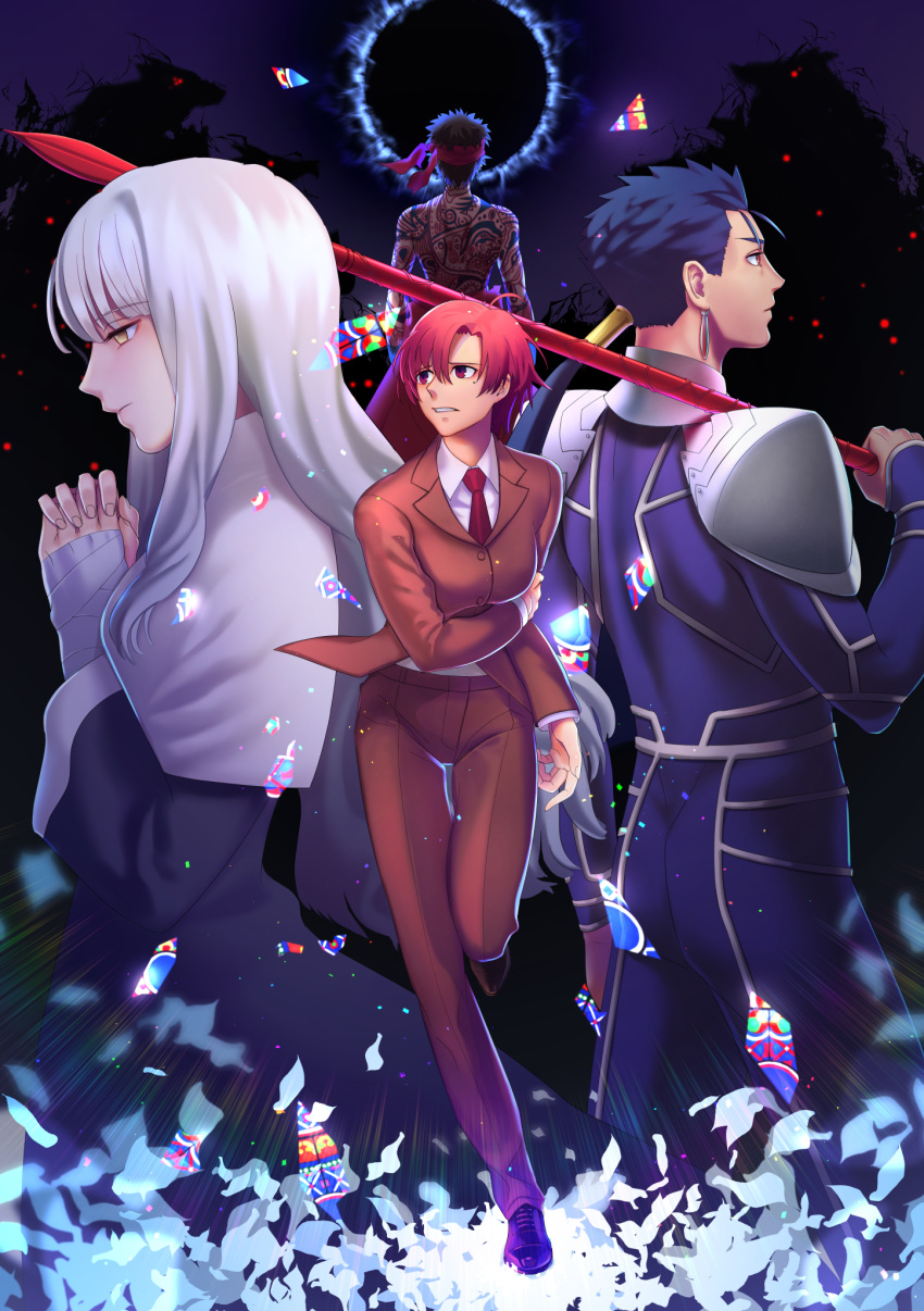 2boys 2girls avenger bazett_fraga_mcremitz black_hair blue_bodysuit blue_hair bodysuit brown_pants caren_hortensia earrings fate/hollow_ataraxia fate_(series) formal full_body_tattoo gae_bolg grinning_cheshire_cat hands_clasped headband highres holding holding_spear holding_weapon jewelry lancer long_hair looking_away messy_hair multiple_boys multiple_girls necktie own_hands_together pant_suit pants polearm ponytail red_eyes red_headband red_neckwear redhead running shoes short_hair spear suit tattoo weapon white_hair yellow_eyes