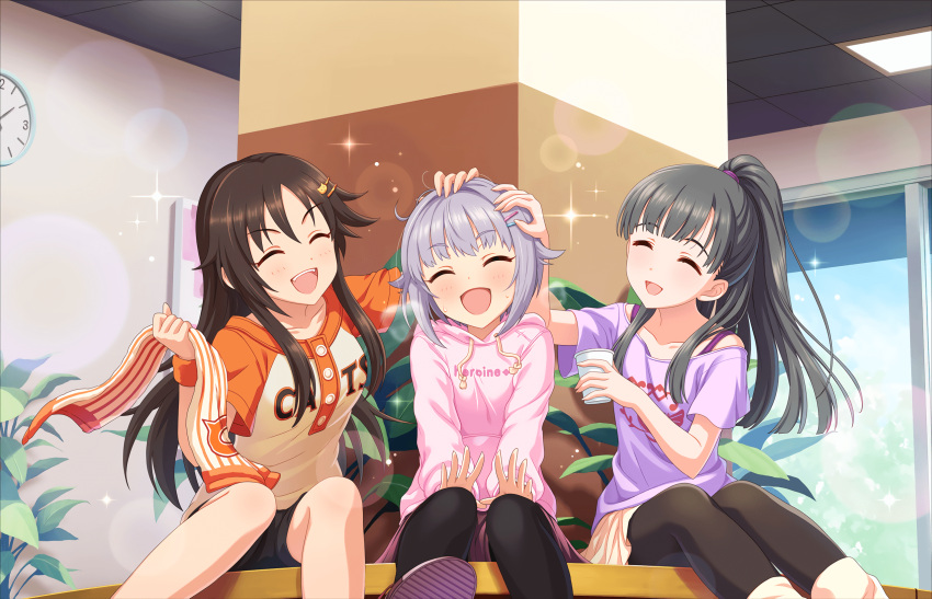 3girls :d ^_^ black_hair blush brown_hair clock closed_eyes cup hair_ornament hairclip hand_on_another's_head highres himekawa_yuki hood hoodie idolmaster idolmaster_cinderella_girls idolmaster_cinderella_girls_starlight_stage indoors kbyd_(idolmaster_cinderella_girls) kobayakawa_sae koshimizu_sachiko long_hair multiple_girls official_art open_mouth petting plant ponytail potted_plant purple_hair short_hair shorts sitting smile towel