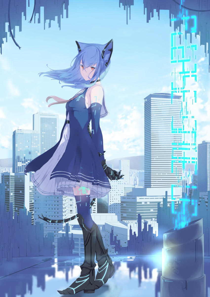 1girl absurdres animal_ears black_choker black_gloves blue blue_dress blue_hair blue_legwear blue_sky building choker cityscape day dress elbow_gloves full_body gloves highres long_hair looking_at_viewer mikisai outdoors red_eyes red_pupils school_uniform serafuku sky skyscraper standing tail tattoo thigh-highs white_dress wind