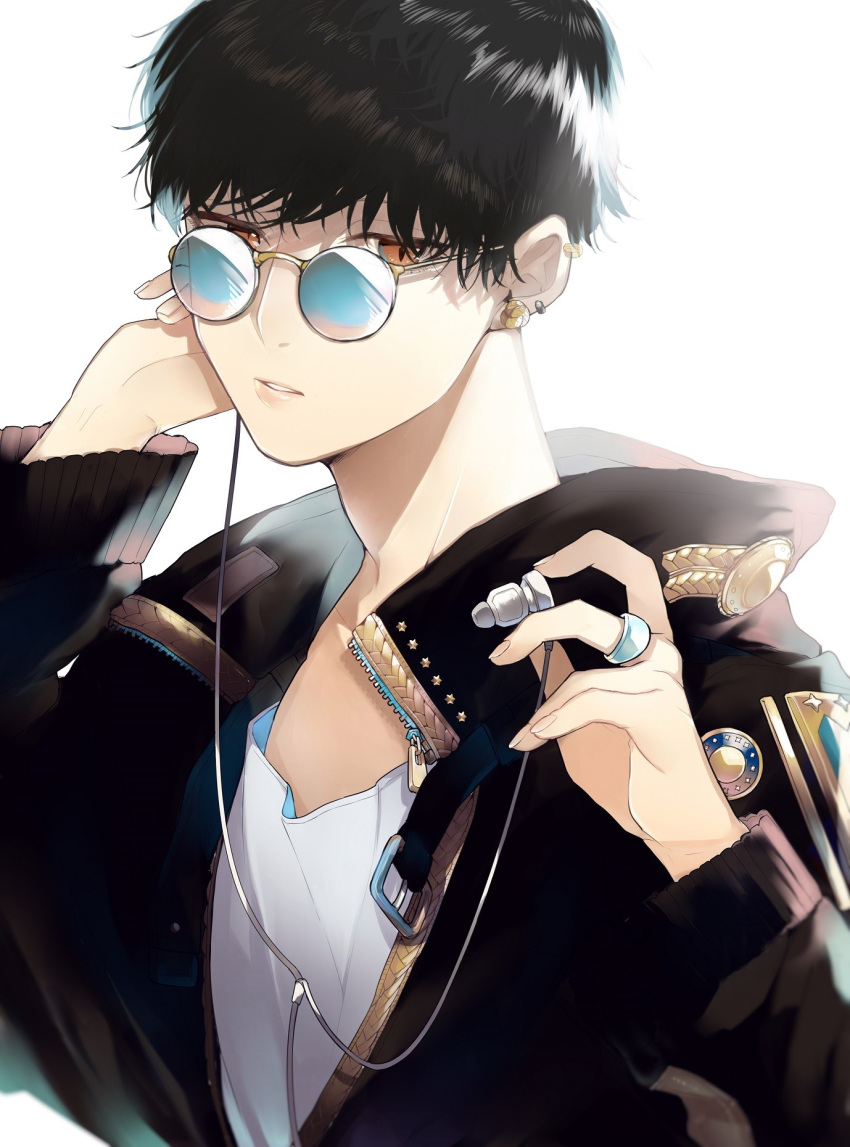 1boy bangs black_hair black_jacket commentary_request earphones earphones earrings fingernails glasses hands_up highres jacket jewelry long_sleeves looking_at_viewer male_focus open_clothes open_jacket orange_eyes original ring round_eyewear shirt simple_background slit_pupils sogawa solo upper_body white_background white_shirt zipper