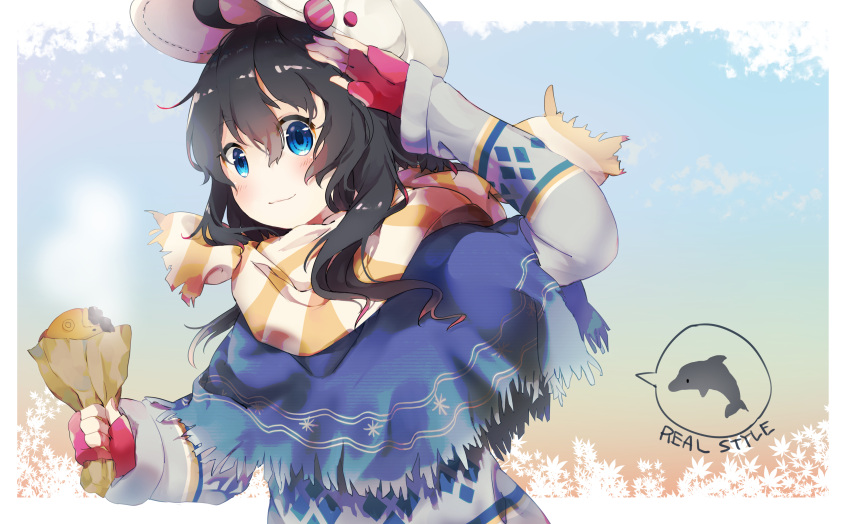 1girl absurdres badge bag baozi baseball_cap black_hair blue_capelet blue_eyes blue_sweater blush button_badge cape capelet commentary_request dolphin fingerless_gloves food gloves hair_between_eyes hat hat_pin highres holding holding_bag long_hair long_sleeves looking_at_viewer original paper_bag red_gloves salute scarf smile solo soranagi_yuki spoken_animal steam striped striped_scarf sweater upper_body winter_clothes