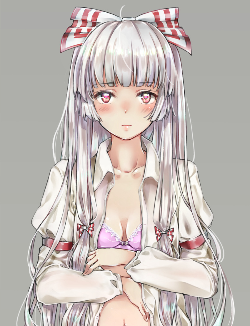 1girl ahoge arm_belt bangs blunt_bangs blush bra breasts collarbone expressionless eyebrows_visible_through_hair fujiwara_no_mokou grey_background hair_ribbon hands_on_own_chest highres lace lace-trimmed_bra lavender_bra long_hair long_sleeves looking_at_viewer midriff navel open_clothes open_shirt red_eyes ribbon shirt sidelocks silver_hair simple_background small_breasts solo tareme teitowawa touhou tress_ribbon underwear upper_body very_long_hair white_shirt