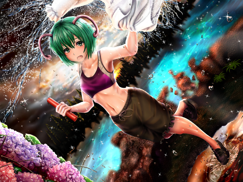 1girl antennae bangs bare_arms bare_shoulders breath clouds cloudy_sky commentary_request dripping dutch_angle flower foot_up frilled_shorts frills full_body green_eyes green_hair hair_between_eyes hands_up holding holding_clothes holding_shirt lake leaf looking_at_viewer navel open_mouth outdoors puddle redoredo_(godprogress) shirt shirt_removed shoes short_hair shorts sky solo splashing sports_bra standing standing_on_one_leg stomach touhou water water_drop wet wet_clothes wet_shirt wriggle_nightbug