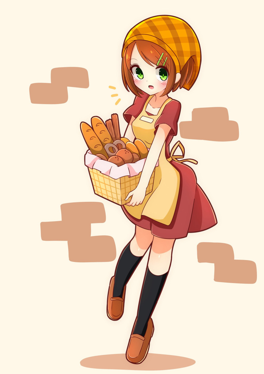 1girl apron baguette bangs basket black_legwear blush bread brown_footwear brown_hair commentary_request eyebrows_visible_through_hair food full_body green_eyes hair_ornament hairclip head_scarf highres holding inon kneehighs loafers looking_at_viewer notice_lines open_mouth original plaid shoes short_hair short_sleeves solo standing standing_on_one_leg yellow_apron
