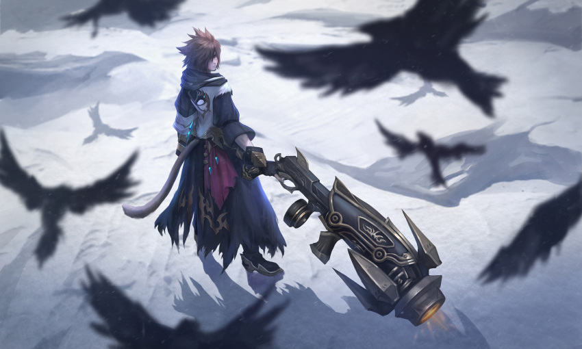 1boy animal_ears bird blurry_foreground brown_hair cat_ears cat_tail commission facial_hair facial_mark final_fantasy final_fantasy_xiv fingerless_gloves from_above from_behind gloves gun highres holding holding_gun holding_weapon long_coat machinist_(final_fantasy) male_focus miqo'te motion_blur nguyen_uy_vu outdoors red_eyes shadow snow solo spiky_hair standing tail weapon