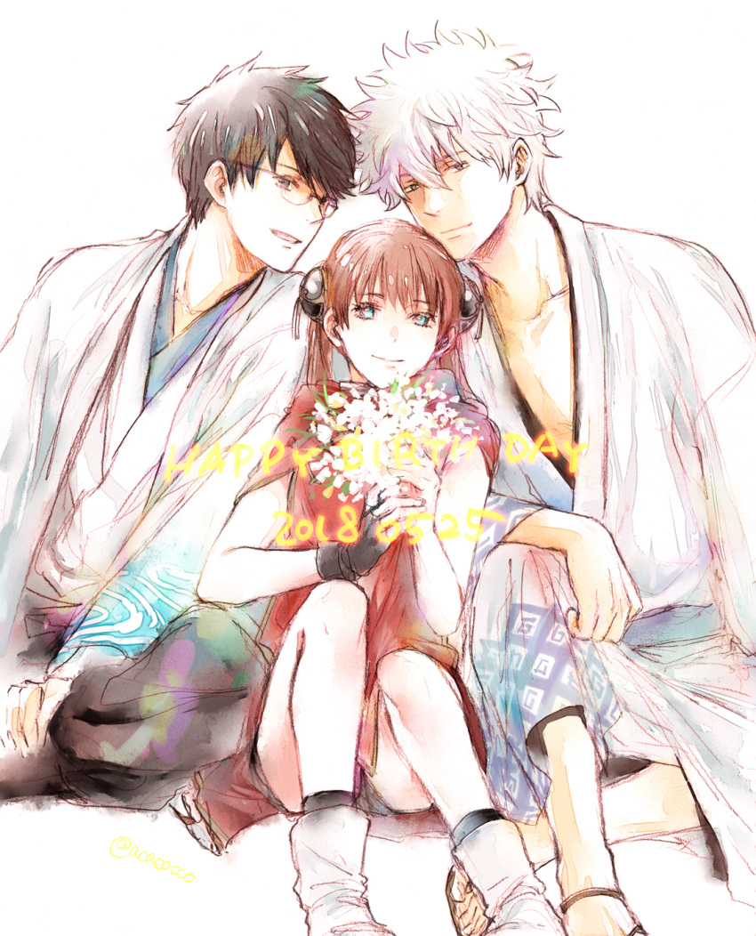 1girl 2018 2boys acaco black_gloves black_hair blue_eyes bouquet brown_eyes brown_hair china_dress chinese_clothes double_bun dress fingerless_gloves flower gintama glasses gloves happy_birthday highres holding holding_bouquet japanese_clothes kagura_(gintama) kimono long_hair multiple_boys parted_lips red_dress rimless_eyewear sakata_gintoki shimura_shinpachi silver_hair simple_background sitting sketch smile spiky_hair twintails white_background white_flower white_kimono