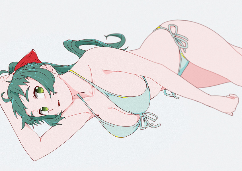 1girl bikini cowboy_shot green_bikini green_eyes green_hair grey_background hair_ribbon irako_(kantai_collection) kantai_collection long_hair lying ojipon on_side ponytail red_ribbon ribbon side-tie_bikini simple_background solo swimsuit