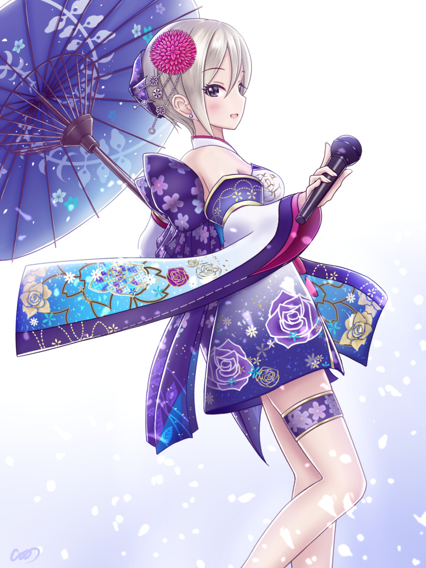 1girl back_bow black_eyes blue_umbrella bow choker earrings eyebrows_visible_through_hair floral_print flower from_side gradient gradient_background hair_between_eyes hair_flower hair_ornament highres holding holding_microphone holding_umbrella idolmaster idolmaster_cinderella_girls idolmaster_cinderella_girls_starlight_stage japanese_clothes jewelry kimono looking_at_viewer microphone open_mouth outstretched_arm purple_bow red_flower shinonov shiomi_shuuko short_hair short_kimono signature silver_hair solo standing strapless thigh_strap umbrella