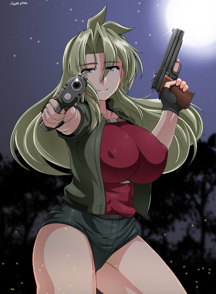 1girl absurdres blonde_hair breasts dual_wielding gun handgun highres holding long_hair madlax madlax_(character) pistol saizu_nitou_gunsou shorts sig_sauer sig_sauer_p210 solo violet_eyes weapon