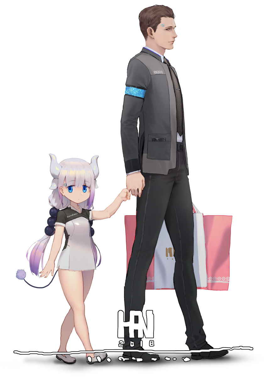 1boy 1girl absurdres android beads brown_eyes brown_hair connor_(rk800) crossover detroit_become_human dragon_horns dragon_tail expressionless eyebrows_visible_through_hair gradient_hair hair_beads hair_ornament han-0v0 highres holding_finger horns jacket kanna_kamui kobayashi-san_chi_no_maidragon lavender_hair looking_at_another looking_at_viewer low_twintails multicolored_hair necktie tail twintails walking white_background