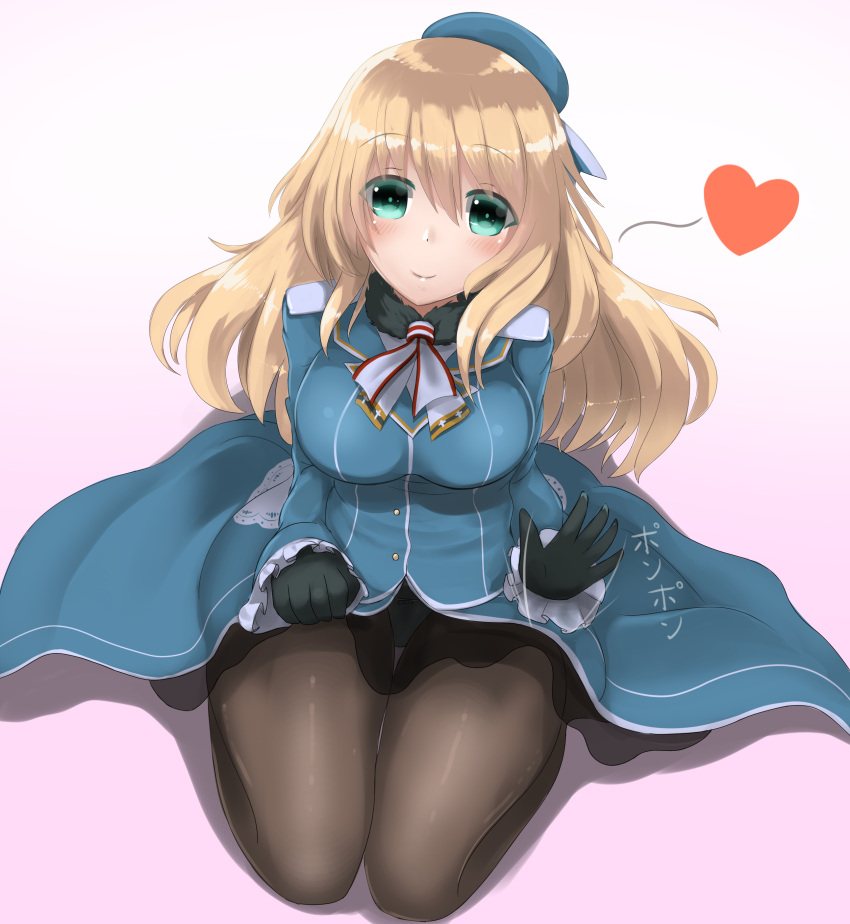 1girl absurdres atago_(kantai_collection) beret black_gloves black_legwear blonde_hair blue_hat breasts gloves green_eyes hat heart highres jacket kantai_collection long_hair long_sleeves medium_breasts military military_uniform pantyhose redundant-cat sitting skirt smile solo uniform