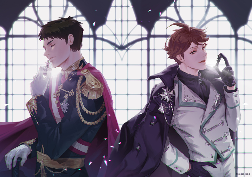 2boys ahoge black_cape black_gloves black_hair brown_eyes brown_hair cape chess_piece closed_eyes epaulettes formal gloves haikyuu!! hand_on_hip hand_up highres hingdoong inside male_focus medal military military_uniform multiple_boys oikawa_tooru_(haikyuu!!) pants parted_lips red_cape twitter_username uniform ushijima_wakatoshi white_gloves white_pants